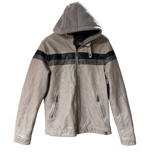 Machine Faux Leather Jacket Mens‎ Small Beige Vintage Hooded Sherpa Lined Moto